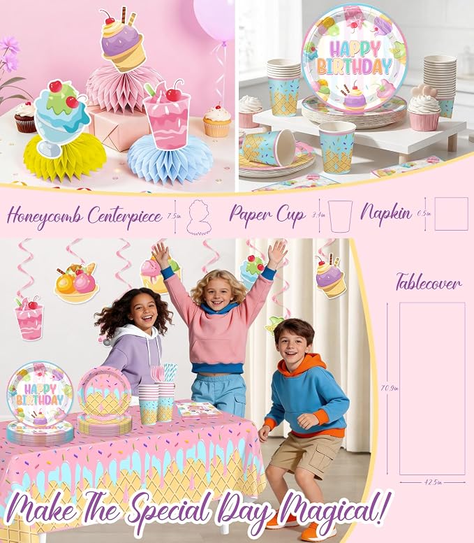 286pcs Ice Cream Birthday Party Decorations for Girl, Worry-free One-stop Set for 25 Guests, with No-DIY Banner Thick Plates and Ice Cream Balloon Arch, Easy Setup for Ice Cream Party