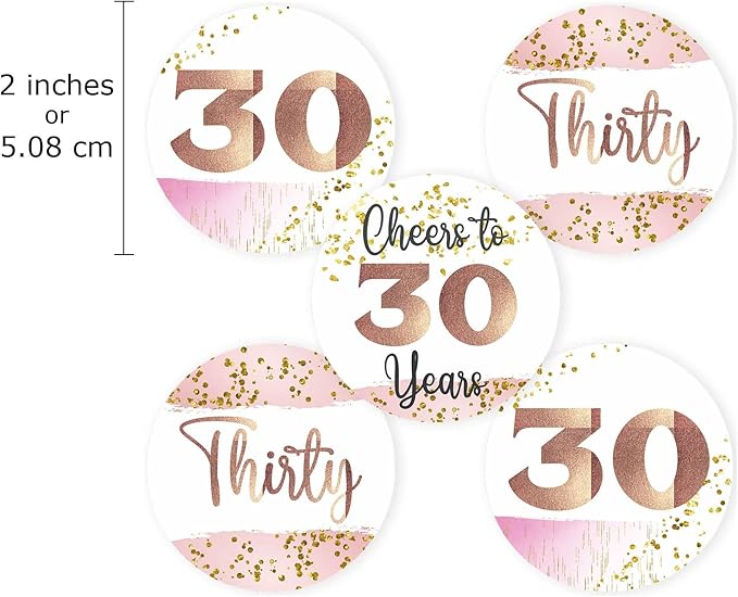30th Birthday Sticker Labels by Adore By Nat – Rose Gold Party Favor Stickers for Women – 2 Inch Round - Set of 30