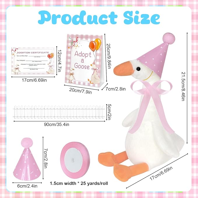 39 Pcs Adopt a Silly Goose Party Favor Include 12 Silly Goose Stuffed Animal 12 Mini Hat 12 Adoption Card 1 Adoption Sign 1 Ribbon 1 Fence for One Silly Goose Baby Shower Party 1st Birthday Decoration