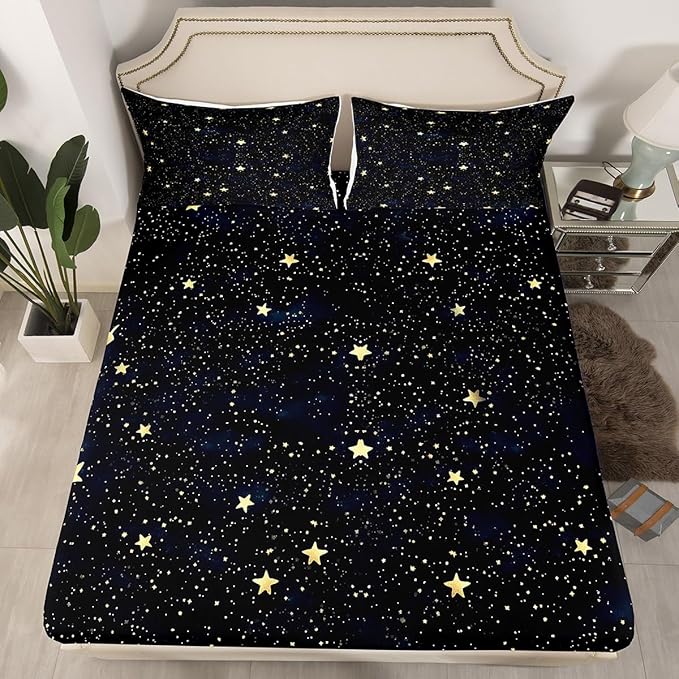 Cartoon Glitter Stars Bed Sheets Golden Starry Galaxy Decorative Sheets Set for Kids Teens Adults Outer Space View Print Dreamy Bedding Set with Flat,Fitted Sheet,2 Pillowcases Queen Size 4 Pcs