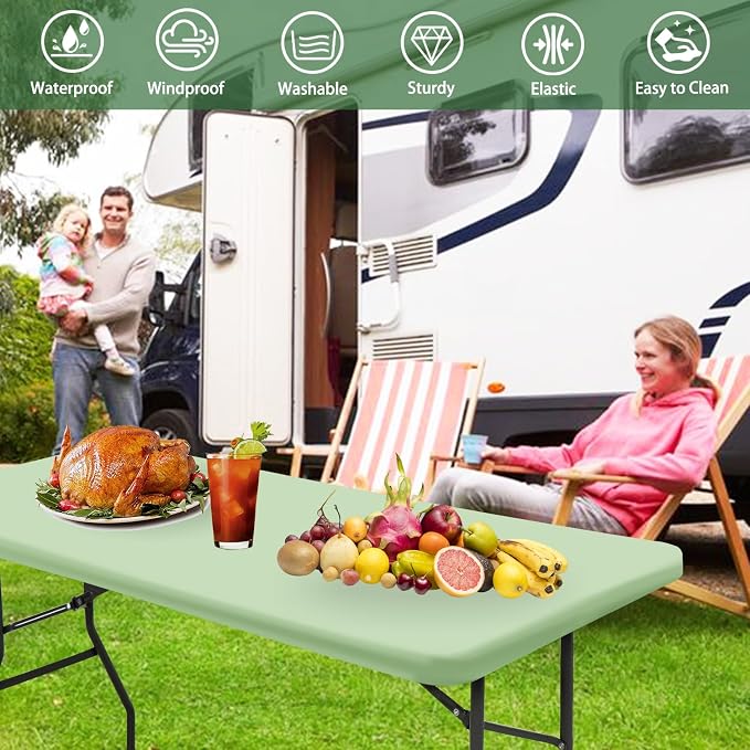 10 Pack Picnic Table Cover Elastic Fitted Outdoor Tablecloths for 8 Foot Rectangle Tables Waterproof Stretch Washable Patio Folding Spandex Table Cloth Camping Banquet Parties (Sage Green,30" x 96")