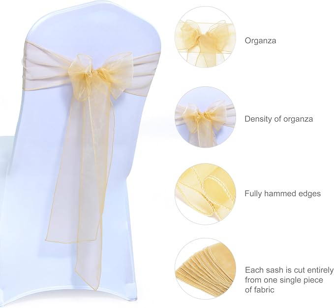MDS Pack of 250 PCS Organza Chair Sashes Wider Dining Chair Bows Ribbon Tie Back for Wedding Party Birthday Bridal Shower Reception Event Banquet Home Chair Cover Decoration - Beige