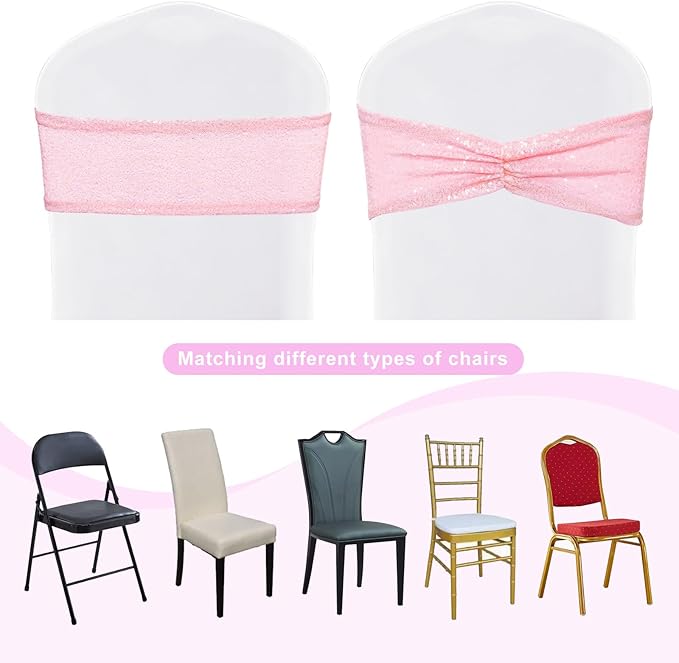 SquarePie Sequin Chair Sashes Bands 20 Pack Pink Shiny Chair Cover Bows for Wedding Banquet Party Decor