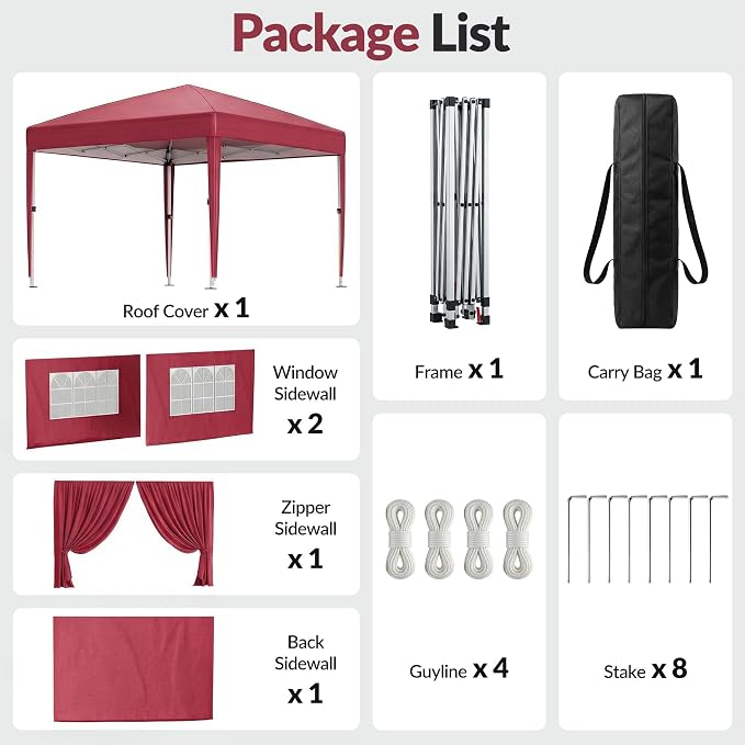 10x10 Pop Up Canopy with Sidewalls, Instant Tent with Carry Bag, Height Adjustable Waterproof Shade Canopy, for Event, Parties, Camping (Red, 10x10 with Sidewalls)