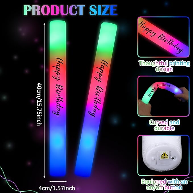 JellyArch 50 Pack Wedding Glow Sticks for Reception LED Foam Light up Sticks Light Stick Bulk with 3 Modes Colorful Flashing for Wedding Send Off Party Favors, Dance Floor, Birthday