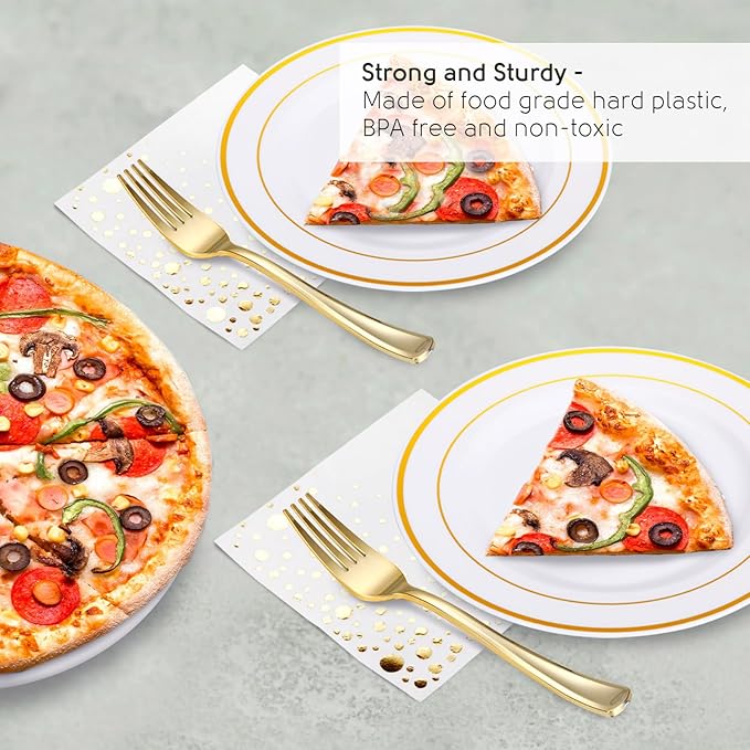 Stylish Gold Dessert Plates, Napkins and Forks, 100 7.5 Inch Wedding Cake Plates and Forks with Cocktail Napkins, Plastic Cocktail Plates for Appetizers, Gold Cake Plates for Wedding Reception