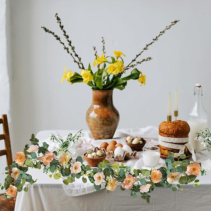 5.74 FT Artificial Poppies Flower Garland, Floral Garland Greenery Vines with Eucalyptus Hanging Flowers Vines for Home Wedding Mantle Table Outdoor Decor (Coral)