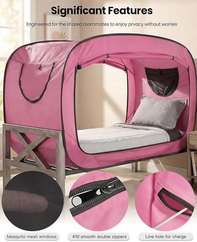 ANC POP Bed Tent Twin Bed Canopy Portable Dream Tent for Adult Indoor Sleeping Tents with 2 Doors Breathable Private Space Tents, Pink