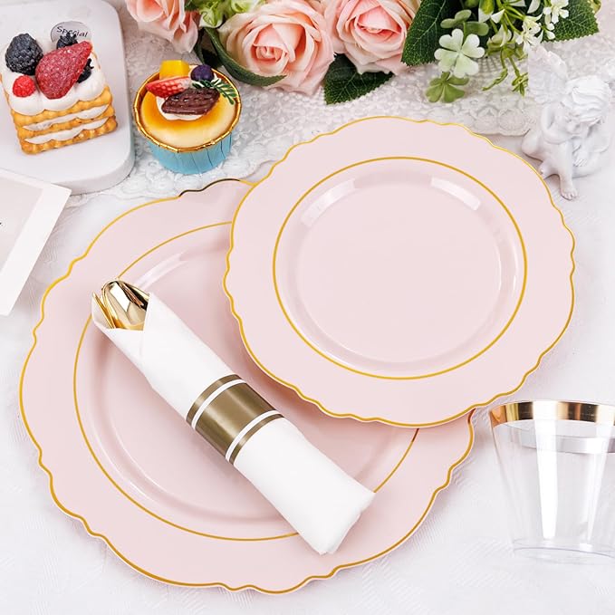 Liacere 175PCS Pink Plates Disposable - Pink and Gold Plates 25guest Baroque Plastic Dinnerware include 150Plates, 25Pack Pre Rolled Napkins with Silverware 25Cups Perfect for Wedding &Mothers Day