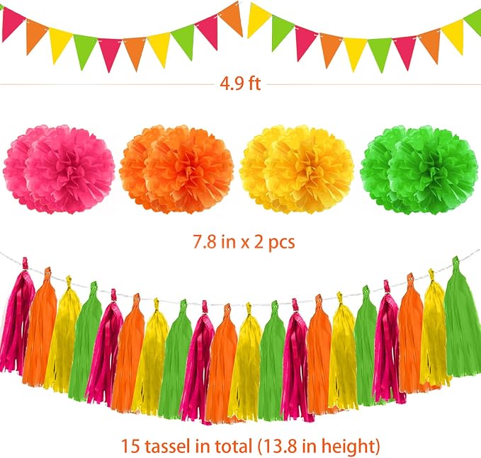 Hawaiian Luau Party Decorations Set Neon Colored Party Hanging Paper Fan Birthday Tissue Pom Poms Streamers Summer Party Supplies Tassel Garland Banner