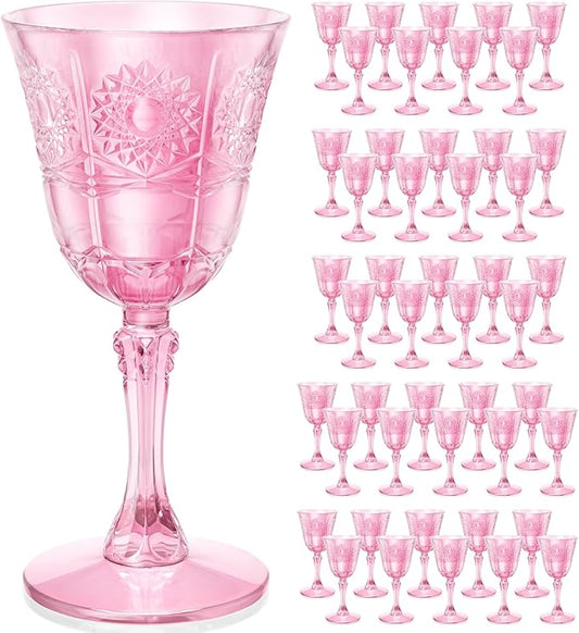 Plastic Wine Glasses, Unbreakable Wine Cups with Stem 6oz Disposable for Wedding Party Holiday, Sunflowers Vintage Plastic Goblets for Champagne, Juice, Cocktail (48 Pcs Pink)