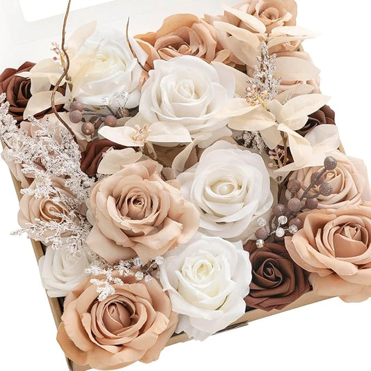 Ling's Moment Fake Flowers Box, Faux Artificial Greenery Stems Foam Roses Berry Silk Leaves Fabic Flower for Centerpieces Bouquet Wedding Vase Floral Arrangement Decoration, White & Sepia, Grand Combo