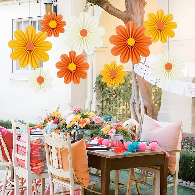 DODOKIM Paper Fans Party Decorations Paper Flowers Decorations for Wall Floral Backdrop Classroom Baby Shower Birthday Party Flower Wall Decor Pack of 9 Orange Yellow Ivory