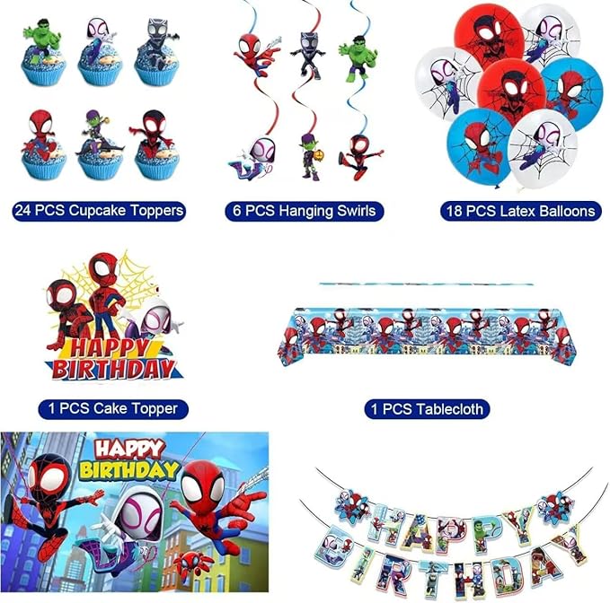 Cartoon spidey-themed birthday party supplies. These decorations include "Happy Birthday" banners, tableware, tablecloths, balloons, large and small skewers, and party-themed decoration sets.