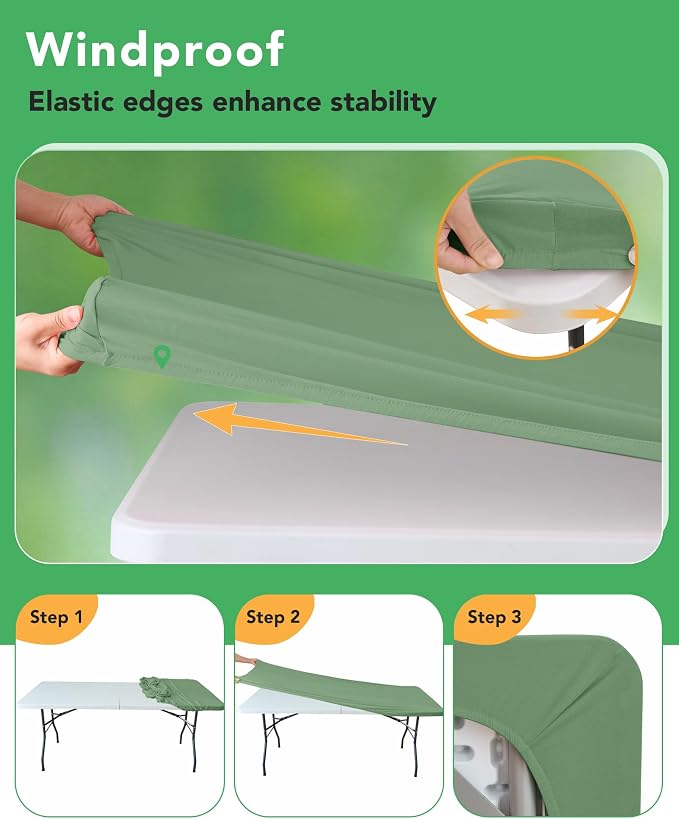 KeyWave Fitted Tablecloth Rectangle Table Cloths - 6 Pack 8 Foot Elastic Stretch Folding Table Top Cover Water-Resistant Reusable for Outdoor Picnic Camping Party Event, Sage Green, 96" L x 30" W