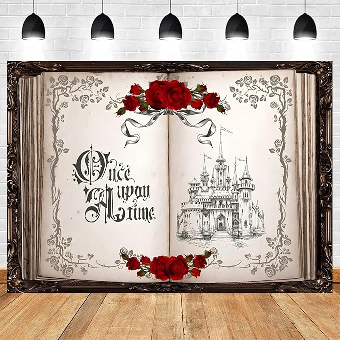 15x8ft Once Upon a Time Backdrop Princess Castle Wedding Party Photography Background Fairytale Book Romantic Story Red Roses Bridal Shower Decorations Birthday Portrait Photo Booth Prop