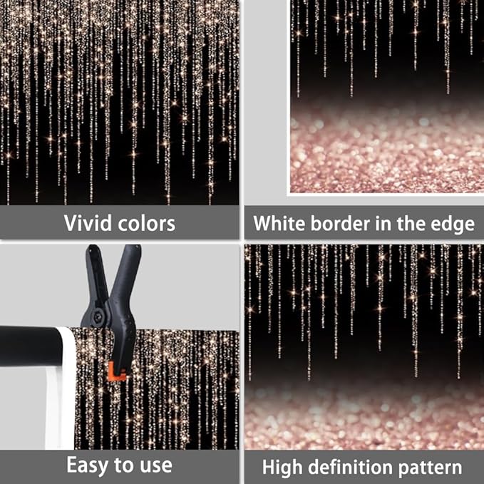 10x7ft Rose Gold Black Glitter Backdrop Rose Gold Pink Black Bokeh Sparkle Sequin Birthday Party Background for Women Girls Graduation Anniversary Baby Shower Banner Kids Portraits Props