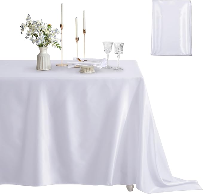 1 Pack Satin Table Cover Rectangle Silkly Soft Table Cloth, Satin Dining Table Cloths for Wedding Banquet Table Decoration, Dining Room, Indoor and Outdoor Use, 60 x 84 Inches, White