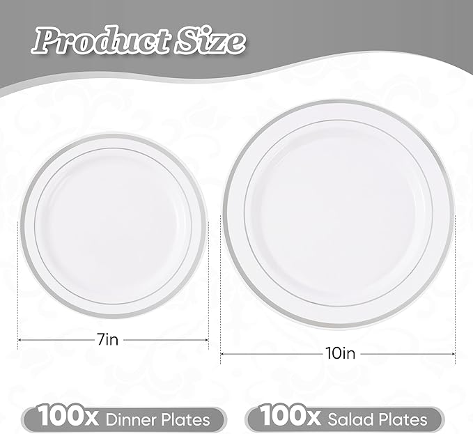 Fijinhom 200PCS Silver Plastic Plates, Disposable Plates with 100PCS 10" Dinner Plates & 100PCS 7" Dessert Plates for 100 Guests, Plastic Party Plates for Wedding, Birthday, Silver