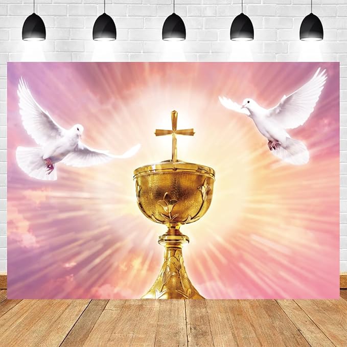 12x6ft Cross Backdrop Peace Dove Gold Chalice Photography Background Jesus Christ Easter Holy Spirit Bird Heaven Banner Decorations School Church Party Event Portrait Photo Booth Prop