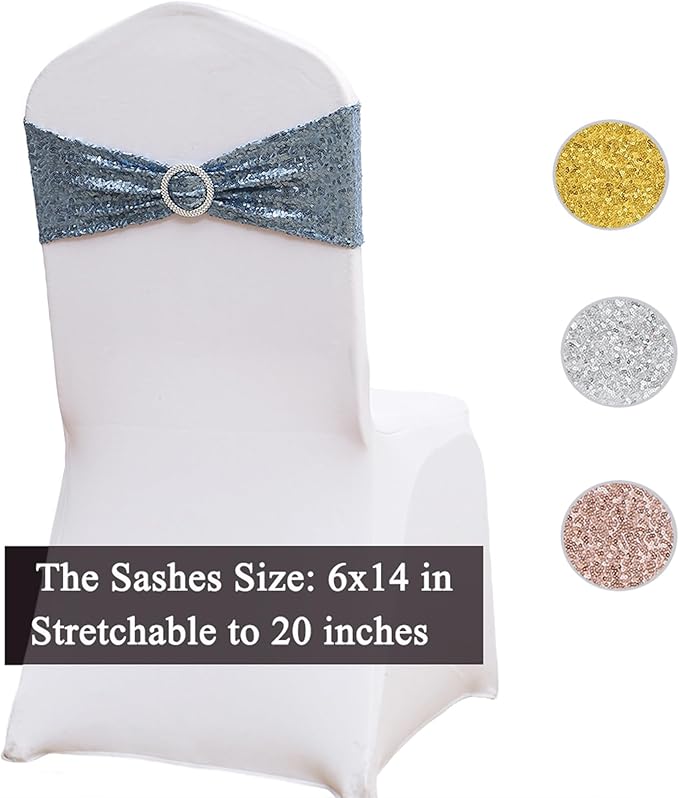 50 Pack Sequin Dusty Blue Chair Sashes for Wedding Chairs Bands Bows for Party Birthdya Banquets Birthday Anniversary Outdoor Events Decorations