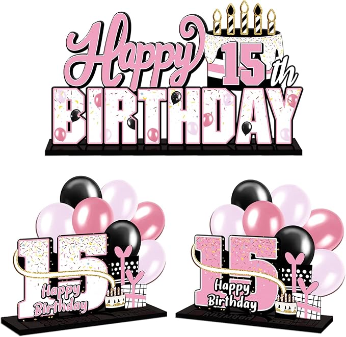 LINGTEER Happy 15th Birthday Pink Acrylic Table Topper Centerpieces Set - Cheers to 15 Years Old Birthday Fifteen Bday Party Gift Decorations.