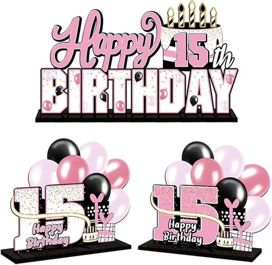 LINGTEER Happy 15th Birthday Pink Acrylic Table Topper Centerpieces Set - Cheers to 15 Years Old Birthday Fifteen Bday Party Gift Decorations.