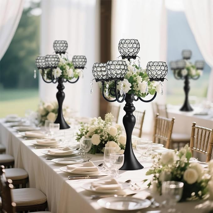 22.5 Inch Black 5-Arm Tea Light Crystal Candle Holder/Candlestick, Exquisite and Gorgeous Crystal Candelabra Table Centerpiece for Wedding/Holiday Events, Parties & Home Decor