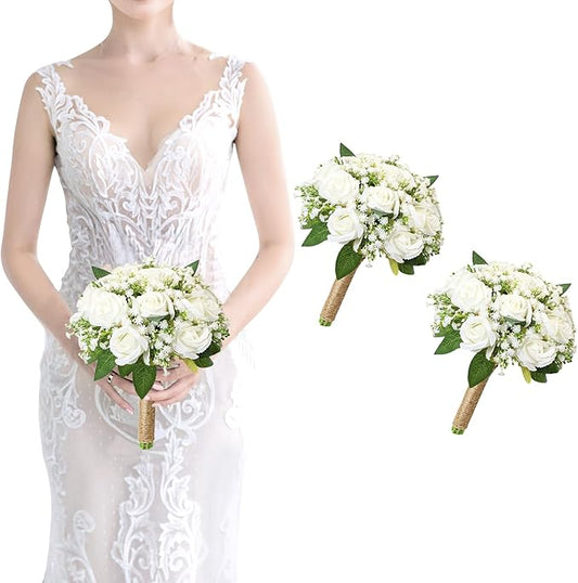 Bridesmaid Bouquet White Wedding Flowers Bouquets Set of 2 - Artificial Rose and Baby's Breath Rustic Small Floral Bouquet for Bridesmaid Fake Sage Green Boho 7 inch Wedding Decor