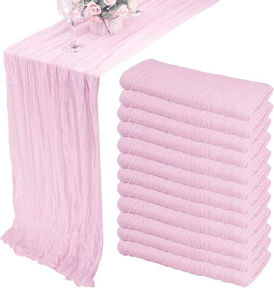 Fivenl 12 Pack Cheesecloth Table Runner 35x72 Inch Boho Gauze Rustic Cheese Cloth Long Romantic for Wedding Bridal Shower Birthday Party Decor (Pink Purple)