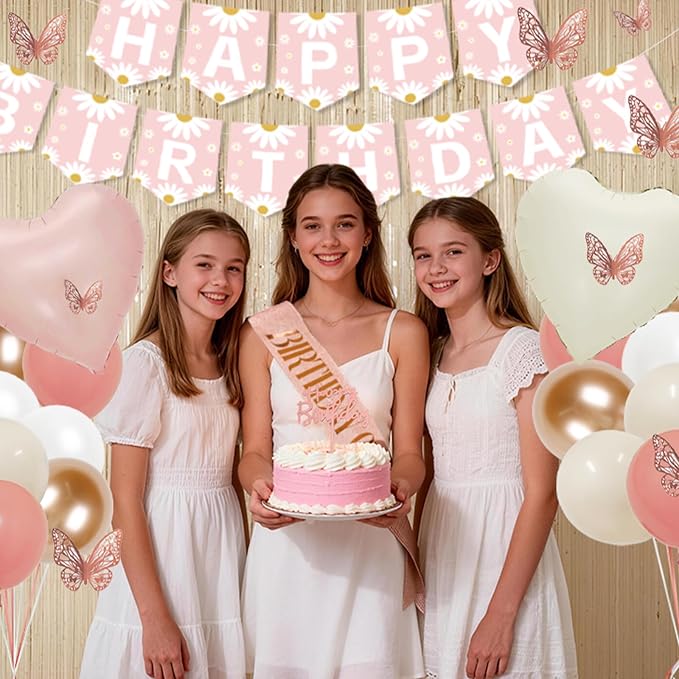 54Pcs Blush Beige Birthday Decorations, Birthday Decorations for Girls Boho Birthday Decorations with Flower Banner Balloons Sash Fringe Curtain Paper Pompoms Pink Birthday Decoration for Women