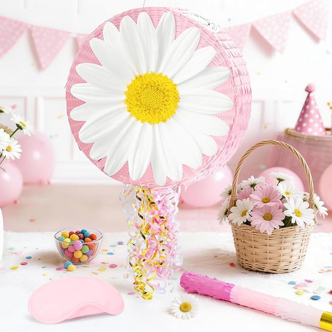 WERNNSAI Daisy Flower Piñata - Daisy Party Game Pink Flower Piñata for Girls Birthday Party Decorations Spring Party Favor Baby Shower Celebration Supply with Bat Blindfold