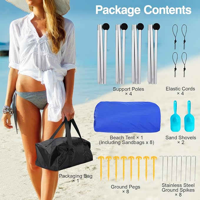 Rhino Valley Beach Tent, 10 x 10 FT Beach Shade UPF50+ Protection, BeachCanopy with 8 Sandbags 4 Stability Poles, Outdoor Beach Tent Sun Shelter Umbrella for Sand, Camping, Fishing Essentials, Indigo