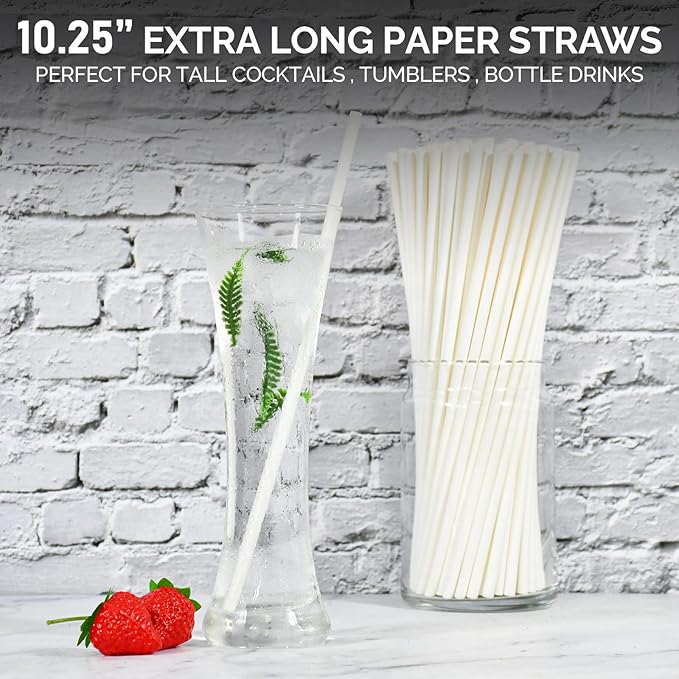 10.25" x 0.24‘ Long Disposable Paper Drinking Straws Bulk - Unwrapped, Dye-free White [600 Counts]