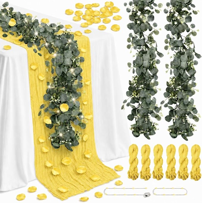Cinrobiye 11PCS Boho Cheesecloth Table Runner Set 120'' Gauze Table Runner with Wrinkled Napkins Eucalyptus Garland and String Lights for Wedding Baby Shower Tea Party Table Decorations (Lemon yellow)