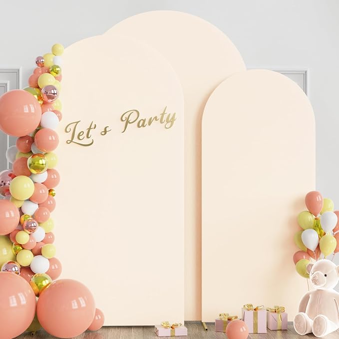 Wokceer Wedding Arch Backdrop Cover (8FT, 7.2FT, 6.6FT) Set of 3 Spandex Fitted Wedding Arch Stand Covers Round Top Chiara Backdrop Stands Cover for Birthday Party Ceremony Banquet Decor Beige