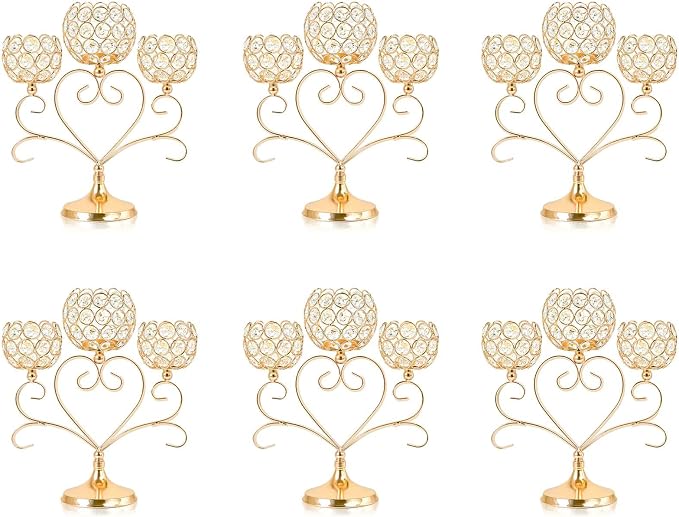 6 Pcs Gold 3-Arm Heart Tea Light Candle Holder - Crystal & Metal Wedding Centerpiece Decor, Sparkling Table Decor for Anniversaries/Romantic Tabletop Home/Dinner Party/Events