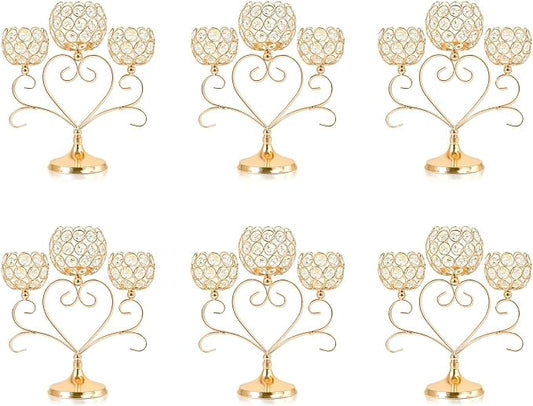6 Pcs Gold 3-Arm Heart Tea Light Candle Holder - Crystal & Metal Wedding Centerpiece Decor, Sparkling Table Decor for Anniversaries/Romantic Tabletop Home/Dinner Party/Events