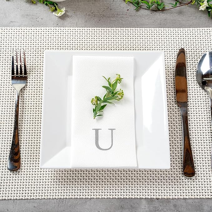 Luxenap 15.8 X 7.9 Inch Linen-Feel Guest Towels, 50 Lettered Hand Towels - Silver Letter 'U', Sans Serif Font, White Paper Dinner Napkins, airlaid, For Restrooms And Tables - Restaurantware
