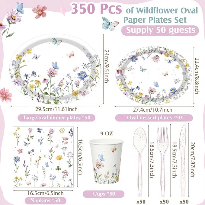 Pajean 350 Pcs Wildflower Oval Paper Plates Set with 12 inch Disposable Spring Birthday Oval Plates and Napkins Flower Heavy Duty Dinnerware Set for 50 Guests Picnic Wedding Tea Party Supplies