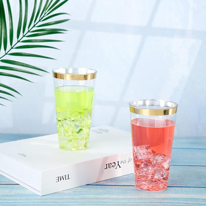 LIYH 100 Pcs Gold Plastic Cups - 16 oz Clear and Gold Rim Plastic Wine Cups, Big Size Fancy Disposable Party Cup Beverage Drinking Cup for Party & Wedding
