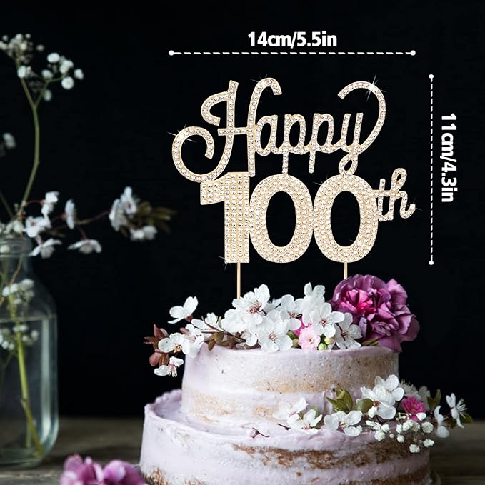 LINGTEER Happy 100th Birthday Gold Rhinestone Cake Topper - Cheers to 100th Birthday 100 Years Old Anniversary Party Cake Centerpieces Topper Decorations Gift Sign.