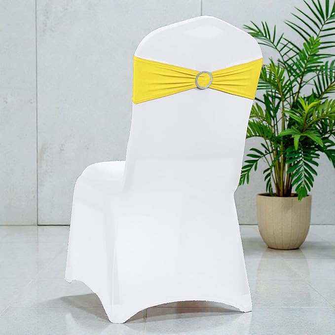 VDS - Yellow | Spandex Chair Sashes Bows | 25 PCS | Stretch Elastic Banquet Universal Folding Chair Band Tie with Silver Buckle Slider for Wedding Party Conference Celebration Event Decoration