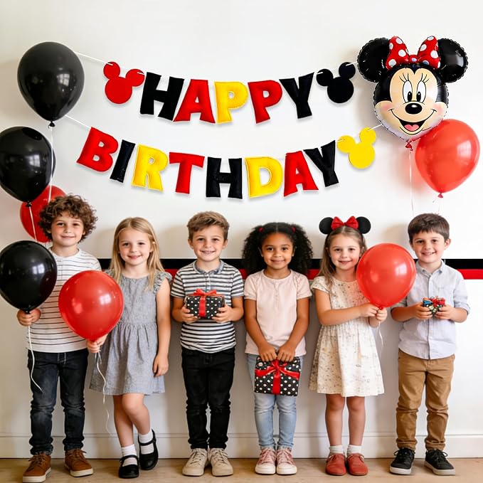 Reusable Cartoon Mouse Birthday Party Decorations - Pre-Strung Happy Birthday Banner with Red Black Yellow Mickey Style, Personalized Birthday Sign for Boys Girls Kids Babies Birthday Party Supplies