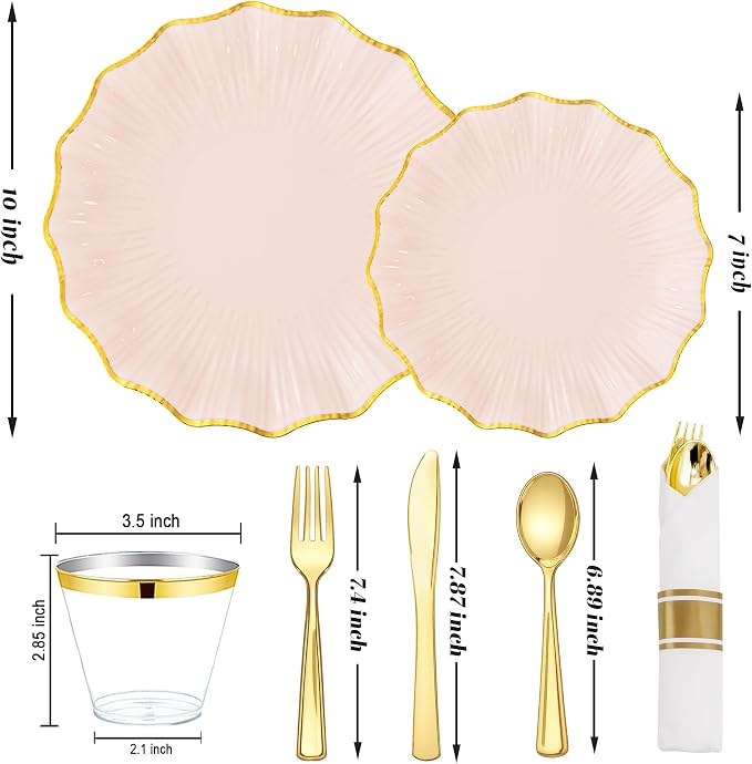 U-QE 175PCS Pink Gold Plastic Plates - Disposable Dinnerware Set for 50 Guests - Pink and Gold Plates and Napkins Party Supplies include 50 Plates, 25 Per Rolled Napkins with Gold Cutlery, 25 Cups