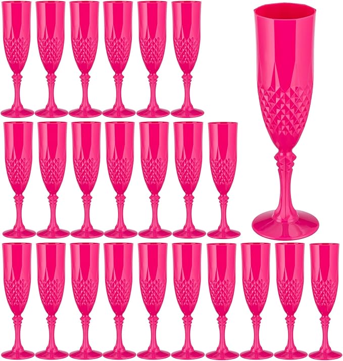 Plastic Champagne Flutes,Wine Glasses Goblets Set of 24,Mimosa Bar Shatterproof Reusable Vintage Champagne Flutes Stemmed Drinking Cups for Weddings, Bachelor Parties, Toasting,Cava, Prosecco(24,Pink)