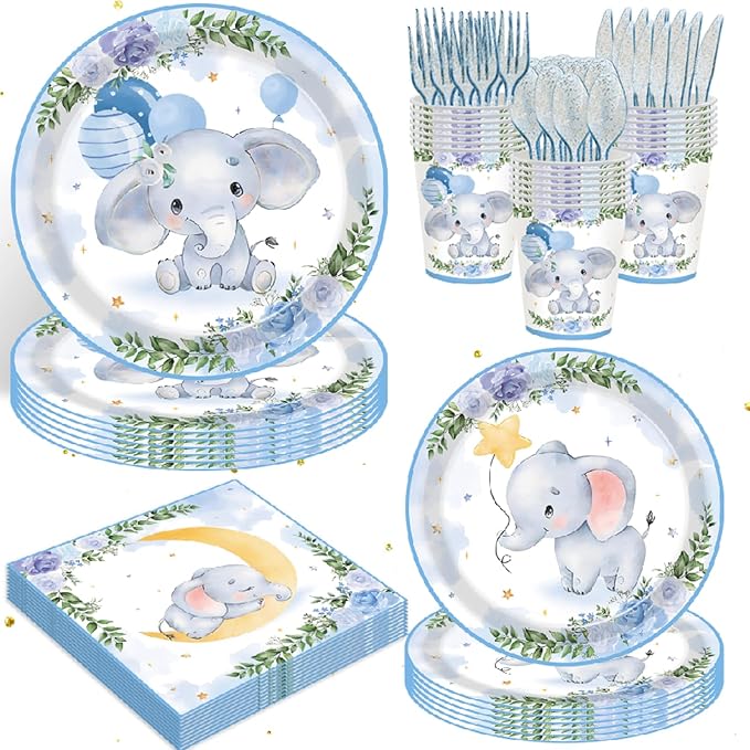 140 Pcs Elephant Boy Baby Shower Decorations Baby Party Supplies Elephant Baby Shower Paper Plates Napkins Cups Baby Elephant Birthday Decorations Serves 20
