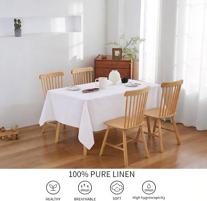 100% French Flax Linen Tablecloths Rectangle 132Lx60W Inch for Dinners, Parties, Easter, Halloween, Camping, Machine Washable, 12-14 Sets (60''x132'', White)