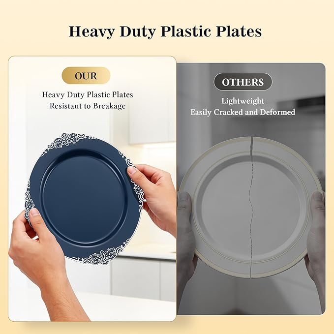 Goodluck 100PCS Navy Blue Plastic Plates with vintage silver trim – 10.25” Heavy Duty Disposable Dinner Plates & Party Plates for Weddings, Parties, Events – Elegant, Sturdy