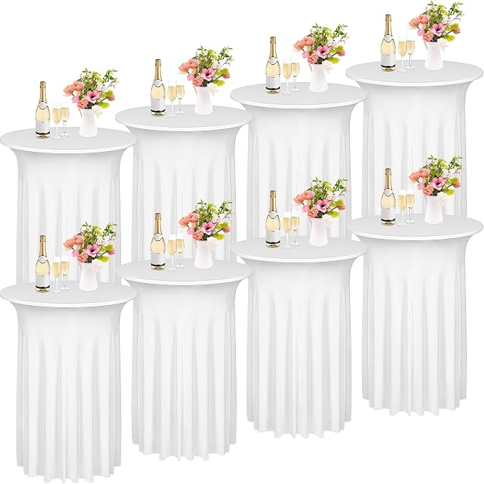 Kochorie 8 Pieces Cocktail Table Skirt Round Cocktail Table Covers 32 x 43 Inch Spandex Stretch High Top Table Cloth for Wedding Table Bar Banquet Party Supplies (White)